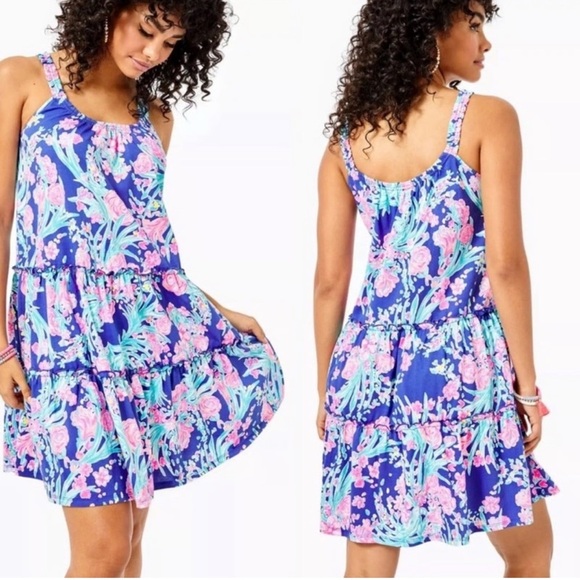 Lilly Pulitzer Loro Dress Corsica Blue Toucan Party Womens Small Blue Pink - Picture 1 of 7